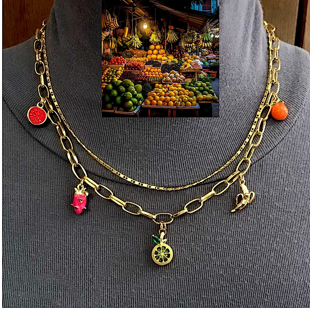 "Fruit Stand" Handmade 2-Layer Gold Charm Necklace with Tropical Fruit Charms